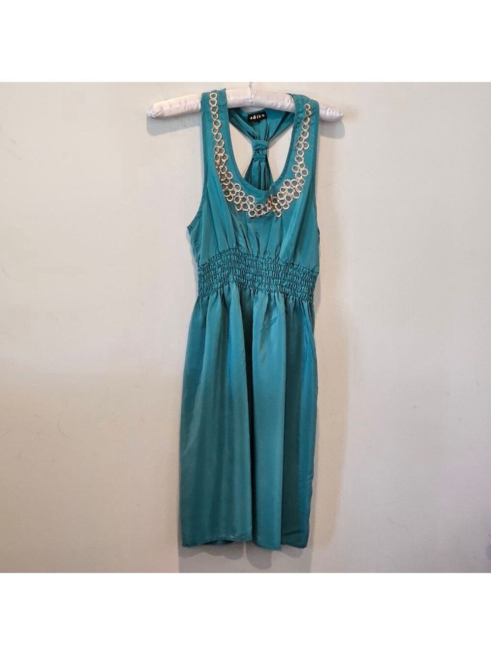 Women's akiko Silk mini Dress with gold Embroidery Size S Teal